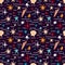 Seamless pattern with shells, corals, starfish on a dark blue background