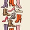 Seamless pattern with shoes. Hand drawn illustration female footwear, boots and stiletto heels