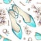 Seamless pattern shoes, sunglasses, jewelry, flowers isolated on white. Watercolor handrawn illustration. Art for design