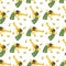 Seamless pattern with a shooting revolver and bullets in cartoon style on a white background. Green-yellow color scheme