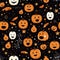 A seamless pattern showcases Halloween classics, including grinning ghosts, cheerful pumpkins, and bats on a vibrant