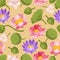 Seamless Pattern Showcasing The Graceful Elegance Of Water Lily And Lotus Flowers, Creating A Harmonious Design