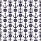 Seamless pattern of silhouette anchors and steering-wheel rudders. Vector black doodle sketch illustration on white