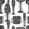 Seamless pattern of silhouette images of glass glasses for different drinks. Shape stemware lettering text