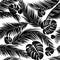 Seamless pattern with silhouettes of palm tree leaves in black on white background