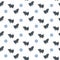 Seamless pattern of silhouettes pigs and round snowflakes.
