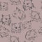 Seamless pattern with silhouettes of portraits of cats, black, pale pink