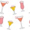 Seamless pattern of silhouettes of three cocktails in glasses of different shapes with a romantic heart. Vector