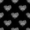 Seamless pattern silver hearts made of flower petals isolated, black background, grey shiny metal heart shape repeating ornament