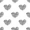 Seamless pattern silver hearts made of flower petals isolated, white background, grey shiny metal heart shape repeating ornament