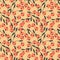 Seamless pattern with simple coral abstract flowers and dark blue leaves.Vector floral background