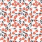 Seamless pattern with simple coral abstract flowers and dark blue leaves.Vector floral background