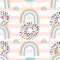 Seamless pattern with simple geometric rainbows and abstract elements on striped background.