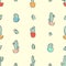 Seamless pattern with simple mono line cacti in multi-colored pots.