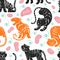 Seamless pattern with simple shaped tigers and abstract elements