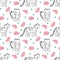 Seamless pattern with simple shaped tigers and abstract elements
