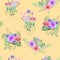 Seamless pattern with the simple watercolor floral bouquets on a yellow background