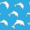 Seamless pattern - simple white jumping dolphins on aqua blue background.