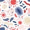 Seamless pattern with single cell microorganisms or microbiome on white background. Backdrop with germs, protists