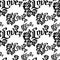 Seamless pattern with single word `love` and roses silhouettes.