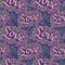 Seamless pattern with single word `love` and roses silhouettes.