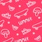 Seamless pattern with skateboard, helmet, sneakers, hand and text on red background. Ornament for textile and wrapping.