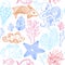 Seamless pattern with sketch of deepwater living organisms, fish, corals and octopus