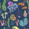 Seamless pattern with sketch of deepwater living organisms, fish and octopus