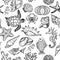 Seamless pattern with sketch of sea shells, fish, corals and turtle. Ocean life