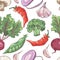 Seamless pattern with sketch vegetables. Background with broccoli, pepper, pea, garlic and beet