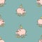 Seamless pattern of sketches funny piggy banks with coins