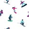 Seamless pattern with skiing and snowboarding people