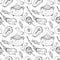Seamless pattern in  skull, bone, broom, sweets. Black and white background line. Hand drawn design for textile, paper,