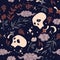 Seamless pattern with skulls, roses and mushrooms. Vector graphics