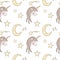 Seamless pattern with sleep Unicorn with long hair with moon and star