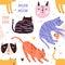 Seamless pattern with sleeping, playing, hunting cats or kittens and their muzzles. Backdrop with adorable pet animals