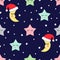 Seamless pattern with sleeping stars and moon with Santa Claus Hat for kids holidays