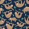 Seamless pattern of sleepy cute sloths in the night. Hand-drawn illustration of sloth for kids, tropical summer, textile, texture