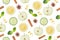 Seamless pattern Slice of green Apple, cucumber and lemon. Lemon peel chips cinnamon and anise isolated on white