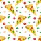 Seamless pattern with a slice of pizza, mushrooms, tomatoes and olives.