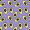 Seamless pattern with sliced avocado on lilac background painted manually in gouache. Natural background for wallpaper, background