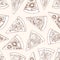 Seamless pattern with slices of delicious traditional Italian pizza hand drawn with contour lines on light background