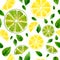 Seamless pattern with slices of lime, lemon and mint leaves on w