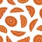 Seamless pattern with slices and sections of orange fruit on white background. Endless repeatable design for printing