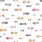Seamless pattern with small colorful hand-drawn watercolor fishes