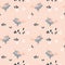 Seamless pattern, small cute gray birds, leaves and flowers on a delicate orange background. Print, children\\\'s textiles