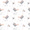 Seamless pattern, small cute gray-orange birds, leaves and flowers. Print,textiles, decor for children\\\'s clothing