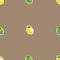 Seamless pattern with small lemons and limes with green leaves. Brown background.