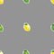 Seamless pattern with small lemons and limes with green leaves. Gray background.