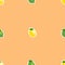 Seamless pattern with small lemons and limes with green leaves. Orange background.